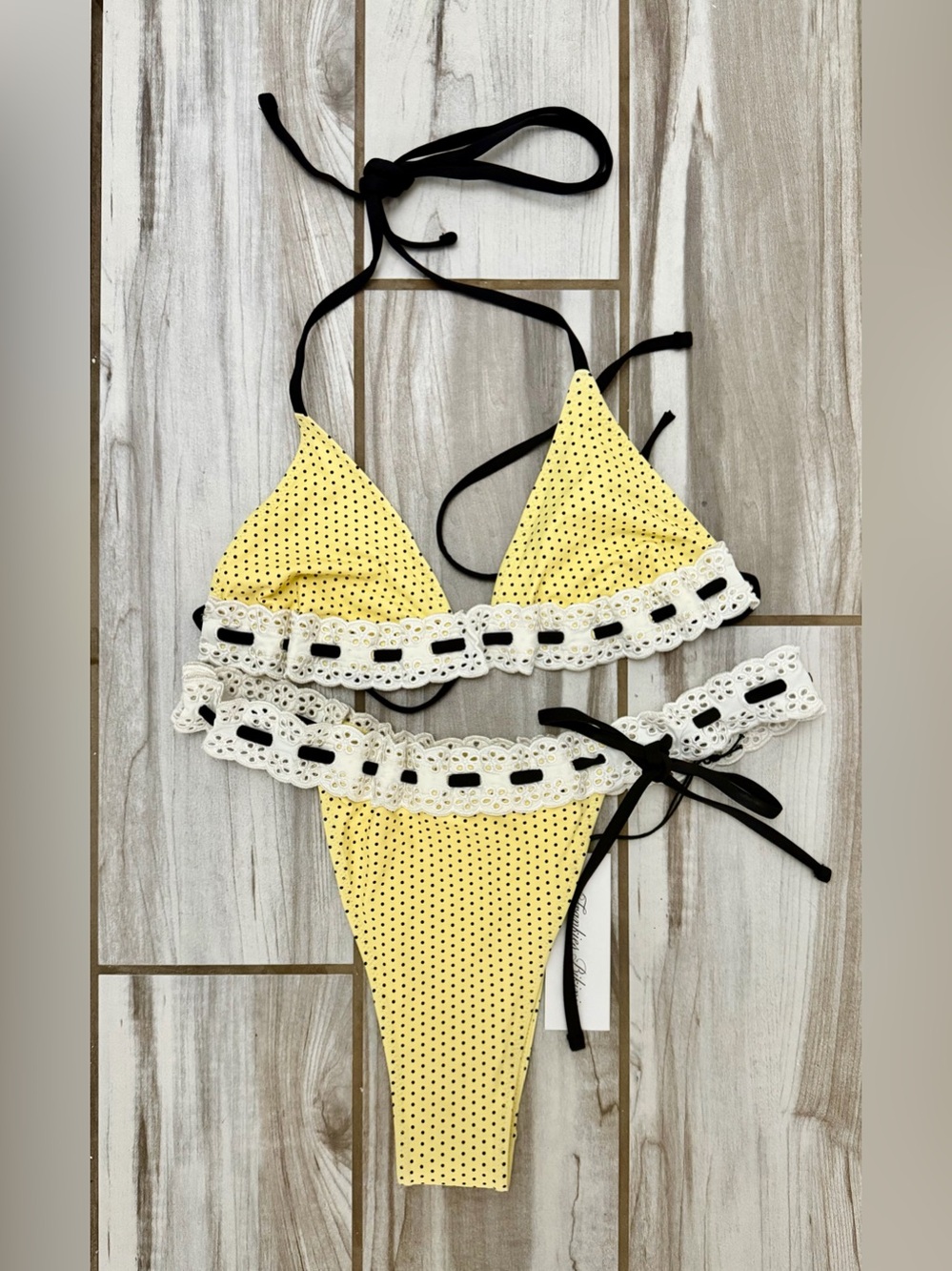 NWT-Frankie's Bikinis, Lana Bikini top, Lacy Micro Bikini bottom in Lemon Dot, L